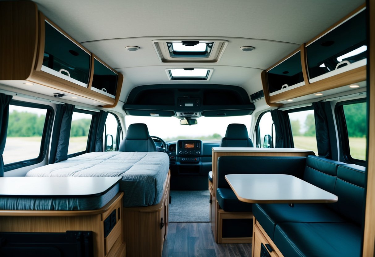 Een camperinterieur met functionele voorzieningen en accessoires, zoals een bed, opbergruimtes, een kitchenette en een zithoek, allemaal netjes georganiseerd en geoptimaliseerd voor ruimte.