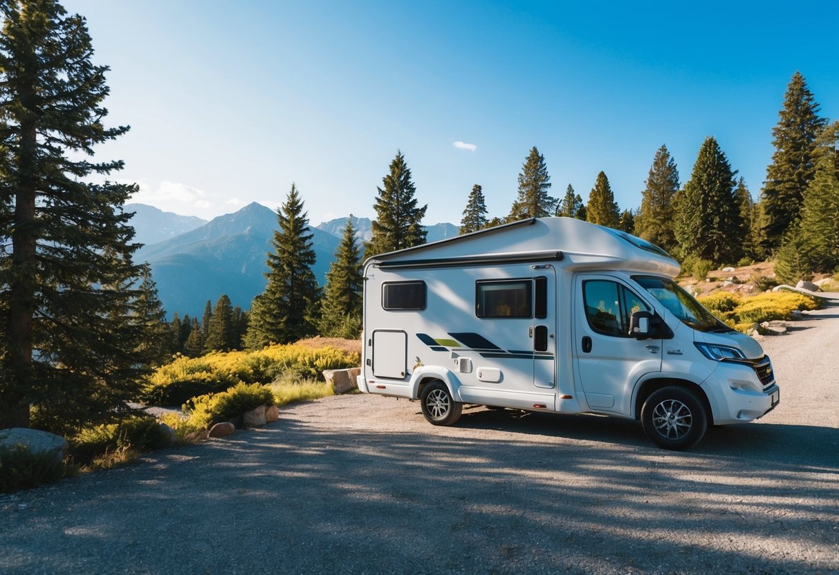Een camper geparkeerd op een schilderachtige plek met een prachtig uitzicht, omringd door bomen en bergen, met een heldere blauwe lucht erboven.