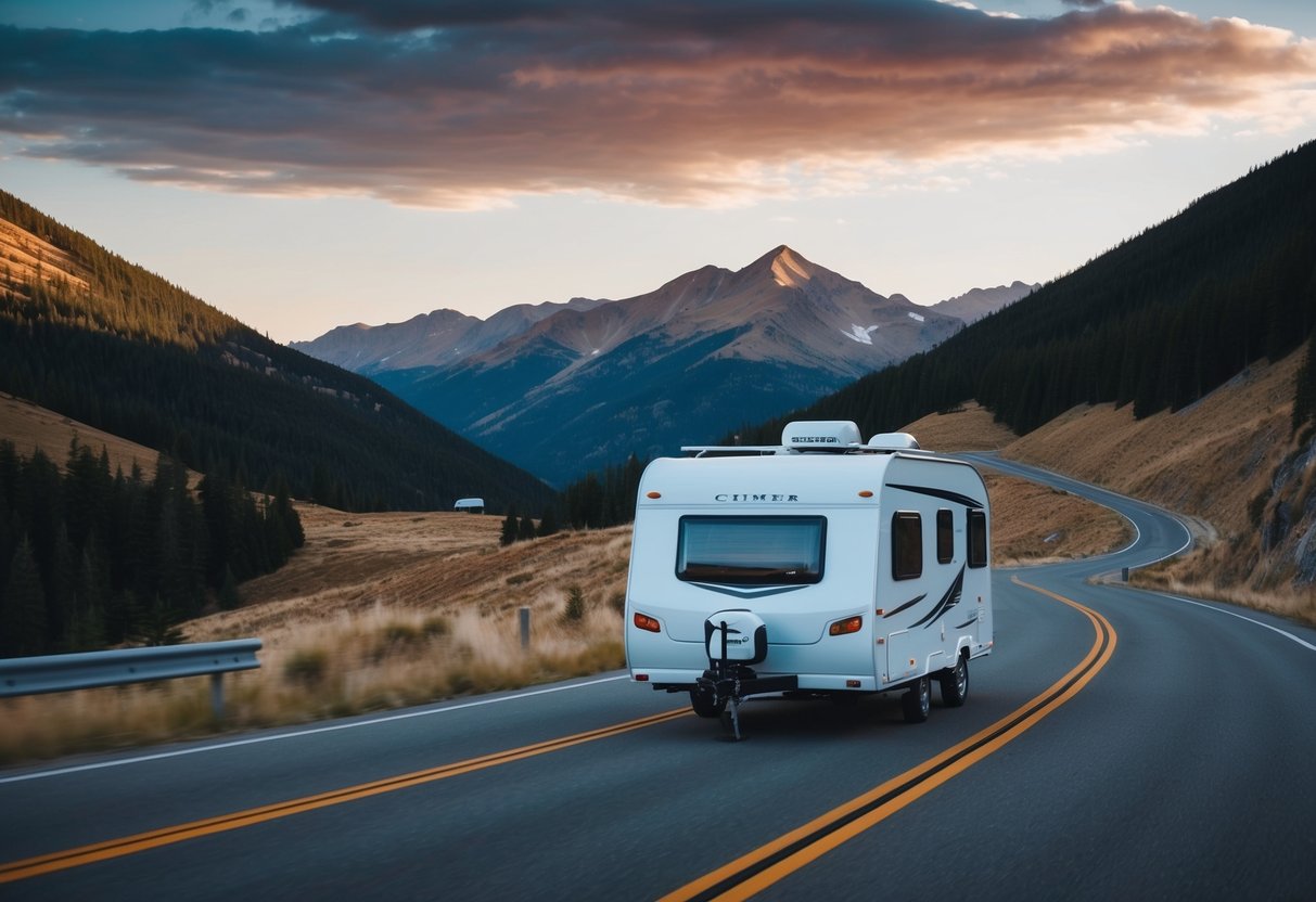 Een camper die een kronkelige weg door een schilderachtig berglandschap navigeert